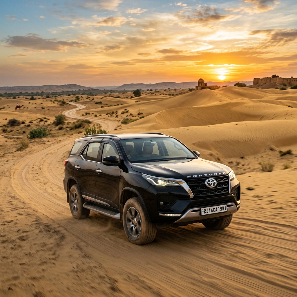 Toyota Fortuner on Rajasthan desert road