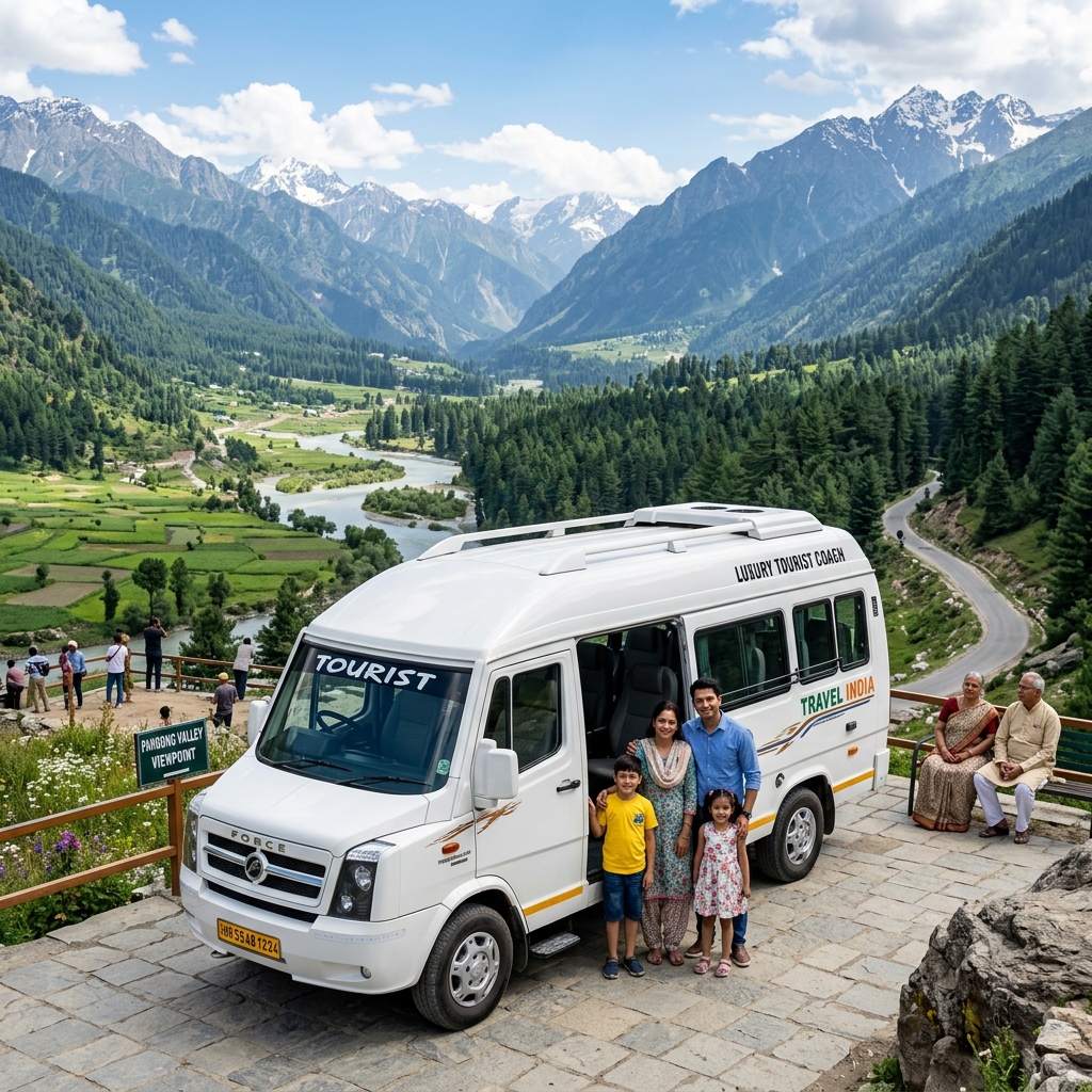 Tempo Traveller at scenic mountain viewpoint