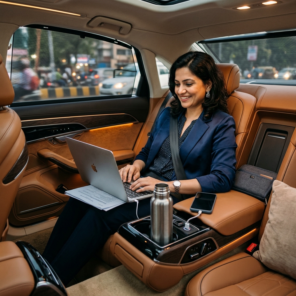 Business professional working comfortably in premium car interior